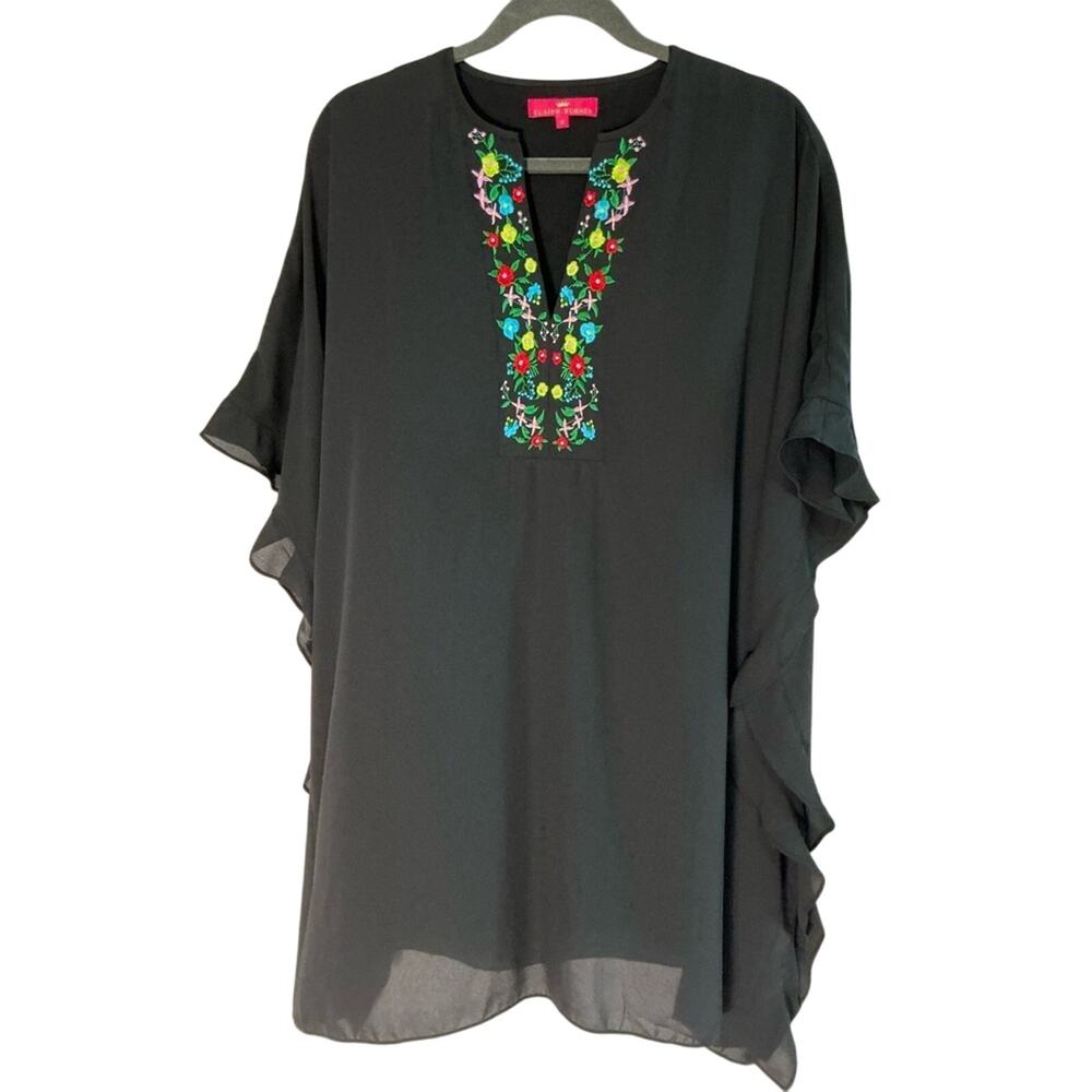 ELAINE TURNER Embroidered Tunic Kaftan Dress Black Multicolor Floral Boho Size M